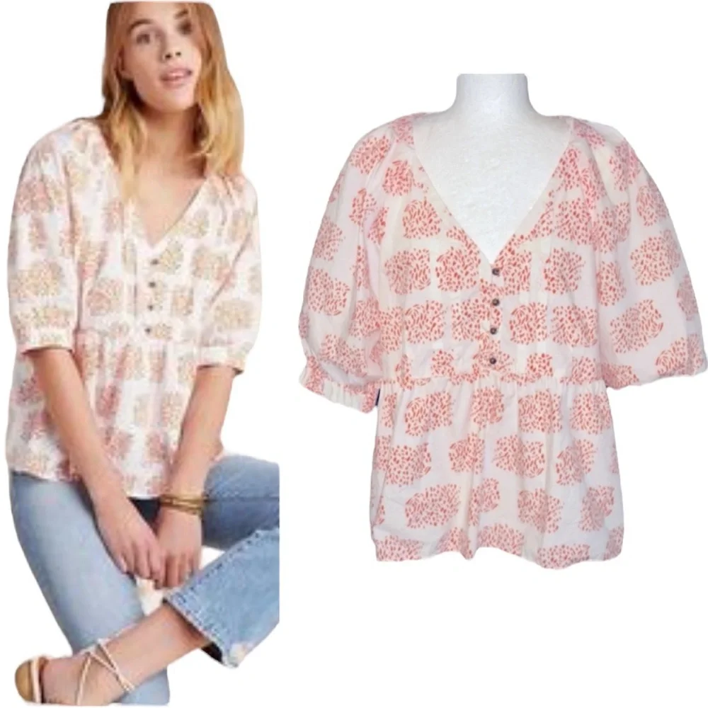 Anthropologie Moglea Danae White & Orange Puff Sleeve Babydoll Poplin Blouse - M